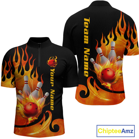 Orange Flame Bowling Team Shirt for Men Bowling League Jersey Polo & 1/4 Zip Bowling Outfit QZT782