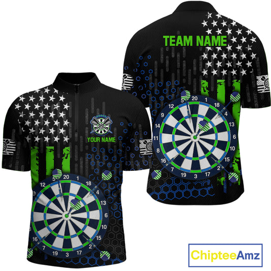 Custom darts quarter-zip jersey for men with green American flag design and dartboard graphic, personalized team name and player name by ChipteeAmz