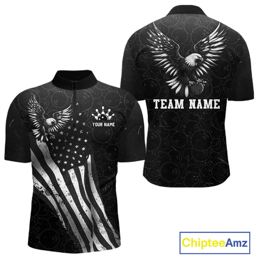 Front and back view custom black patriotic bowling quarter-zip shirt featuring a bald eagle with spread wings, American flag design and distressed grunge pattern, personalized with team name and player name