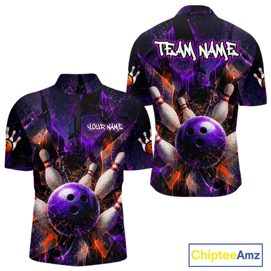 Front and back views of a short-sleeve button-up shirt with a bowling-themed graphic print. The design features a large purple bowling ball, white bowling pins, and an abstract purple, black, and orange background.