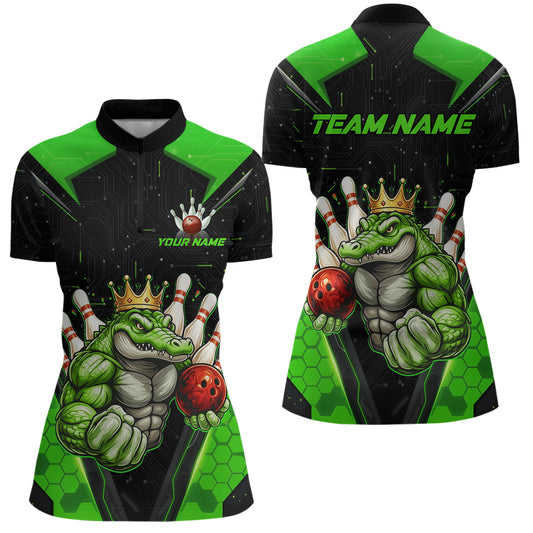 Custom Funny Green Crocodile Bowling Shirt Alligator Bowling Jersey for Women Polo & 1/4 Zip QZT823
