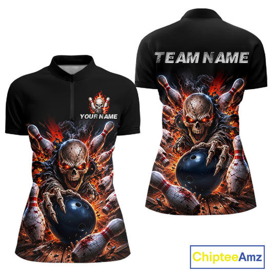 Black quarter-zip jersey with a fiery skeleton design and customizable text on a white background