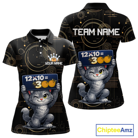 Custom Funny Cat Bowling Math Shirt Polo & 1/4-Zip Bowling League Jersey Bowling Outfit for Women QZT927