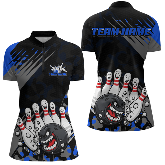 Custom Blue Funny Bowling Shirt Crazy Bowling Jersey Women Polo & 1/4 Zip Bowling Outfit QZT785