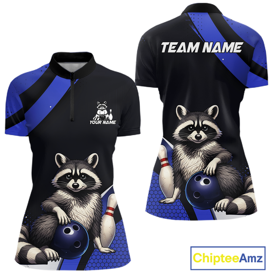Custom Blue Ugly Raccoon Bowling Shirt for Women Bowling League Polo & Quarter-Zip Gift QZT853