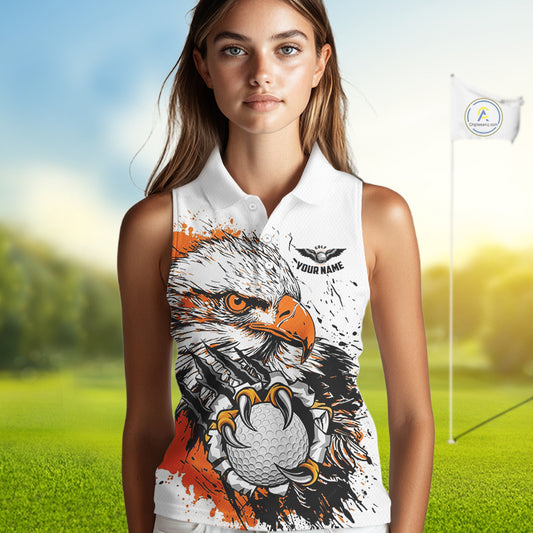 Womens Sleeveless Golf Polo Shirt Custom Orange And White Grunge Eagle Grasping Golf Ball, Golf Gifts NHN0054