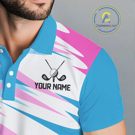 Mens Golf Polo Shirt Custom Blue And Pink Golf Shirt, White Team Golf Shirts Personalized NHN0076