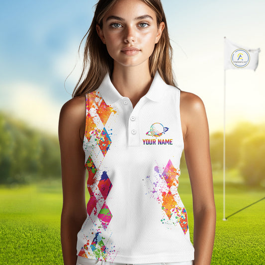 Funny Astronaut Womens Sleeveless Golf Polo Shirt Argyle Pattern Watercolor Golf Gifts NHN0006