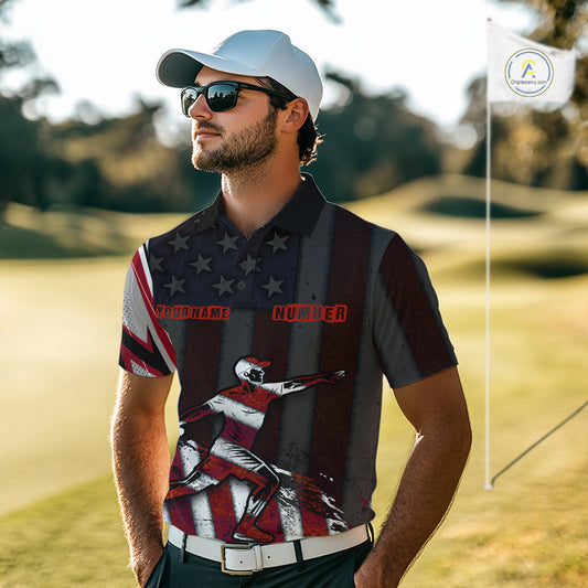 Mens Disc Golf Polo Shirt Custom Name Vintage American Flag Disc Golf Basket Patriotic Golf Shirts NHN0029