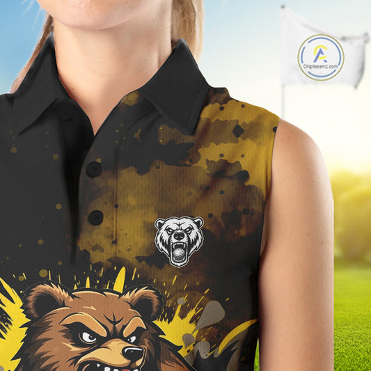 Womens Sleeveless Golf Polo Shirt Custom Yellow And Black Grunge Pattern With Bear Grasping Golf Ball NHN0063