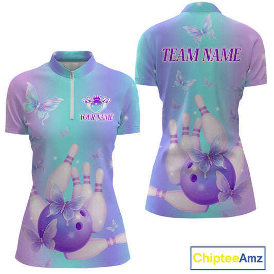 Custom Neon Butterfly Bowling Jersey for Women Bowling Team Shirts Bowling League Polo & 1/4 Zip HNT172