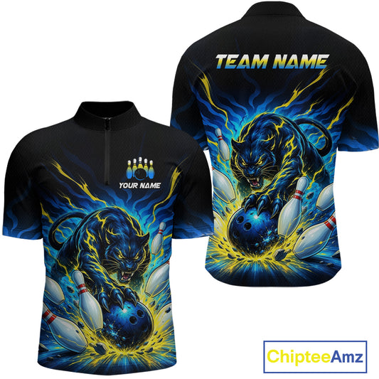 Black bowling shirt with panther design and customizable text on a white background