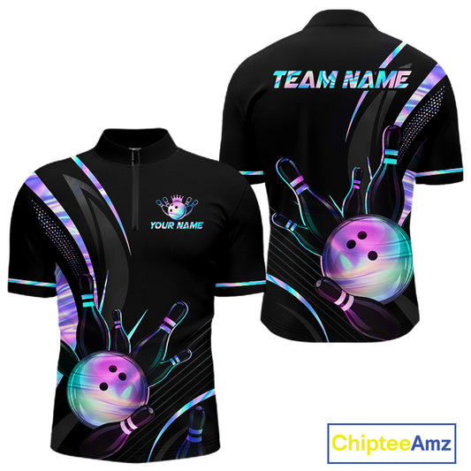Custom Black and Holographic Bowling Jersey for Men Bowling Team Shirts Bowling League HNT395