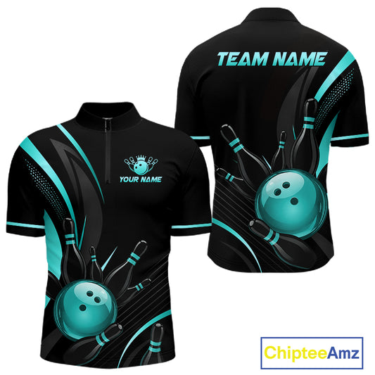 Black bowling jersey with teal accents and customizable text on a white background