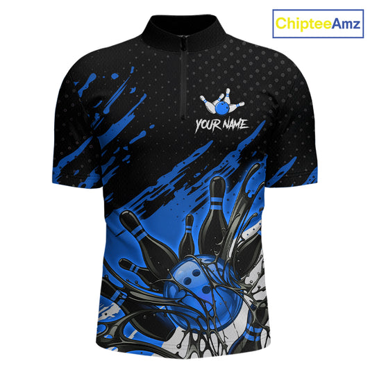 Custom Blue Bowling Jerseys For Men, Personalized Bowling Team Shirts Bowling Pin And Ball HNT283