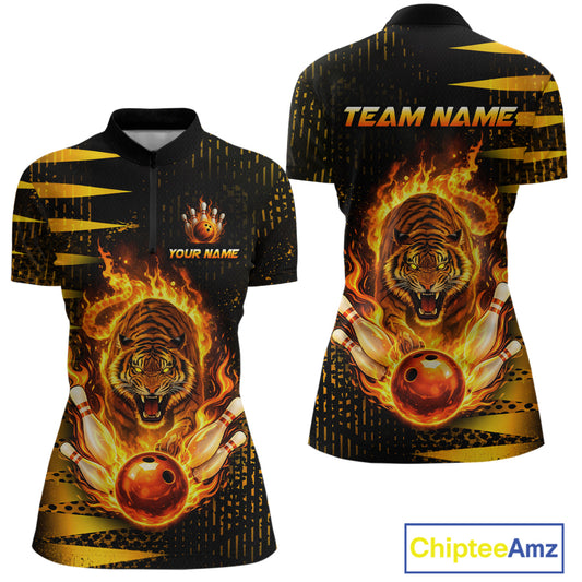 Custom Flame Tiger Bowling Team Jersey Bowling Shirt for Women Bowling League Polo & 1/4 Zip HNT201