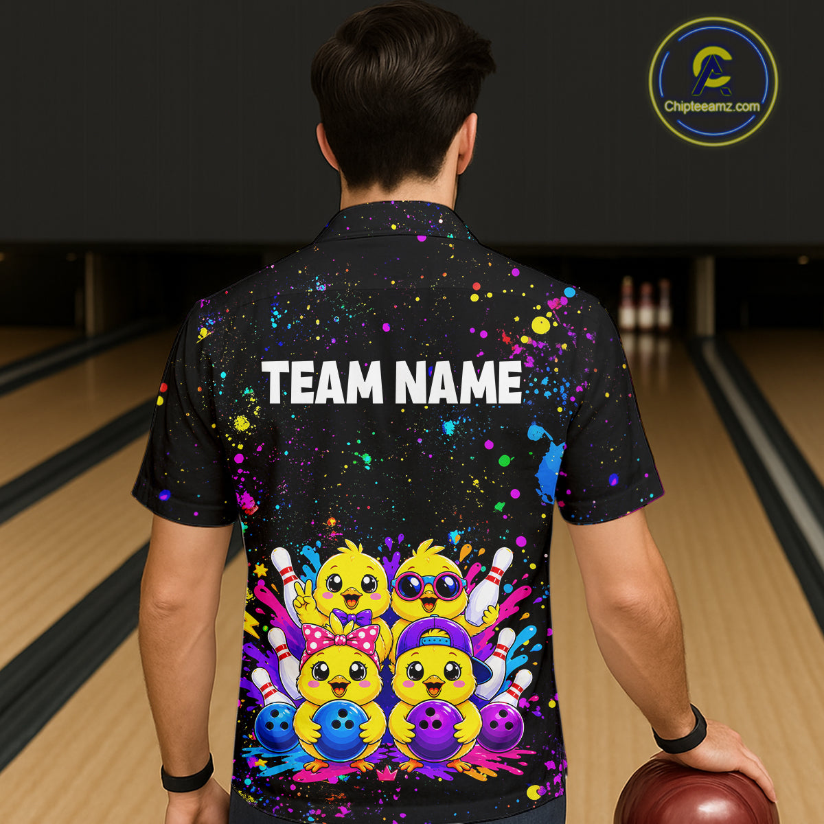 Men wearing personalized bowling hawaiin shirt with cartoon chicks holding bowling balls, framed by pins and colorful paint patterns on a black layout.