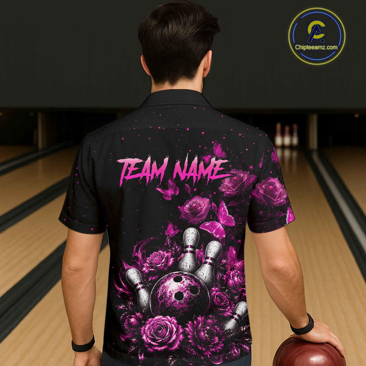 Custom Pink Rose and Butterfly Hawaiian Bowling Jersey Bowling Team Shirts Bowling Uniform HNT324