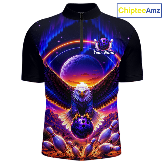 Front views of a black bowling quarter zip with a eagle, glowing planet backdrop, bowling pins, and custom team and player name text.