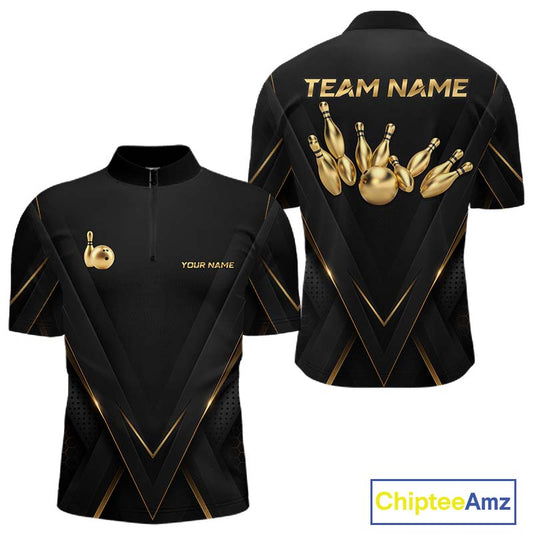 Custom Black Gold Bowling Jersey for Men Bowling Team Shirts Polo & 1/4 Zip Bowling League HNT474