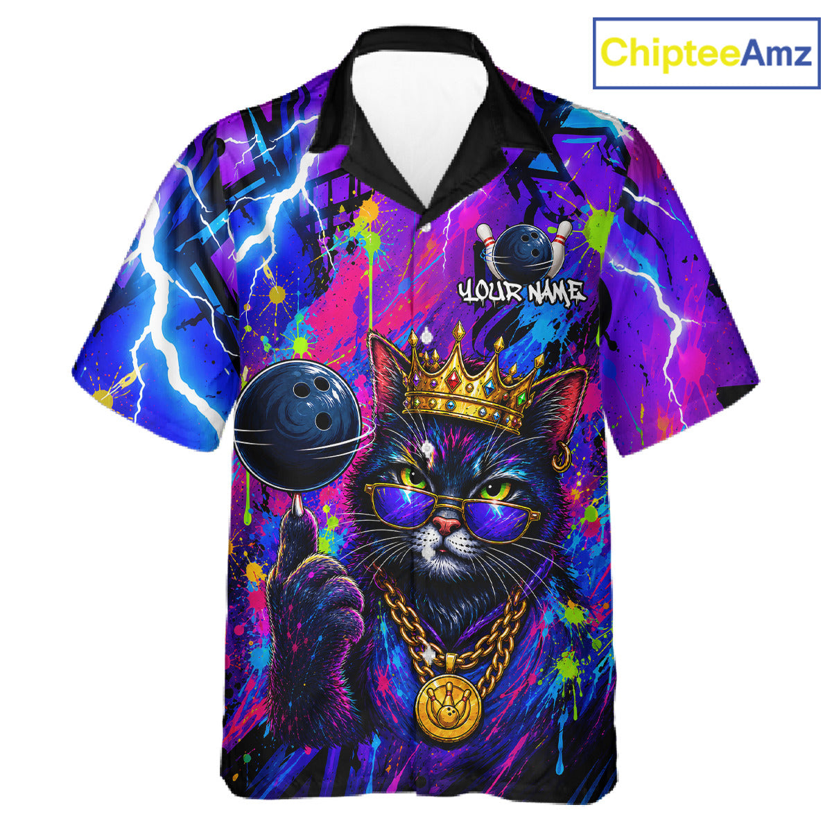 Front view personalized bowling hawaiin shirt with a crowned cat holding a bowling ball, blended with colorful paint strokes and graphic patterns.