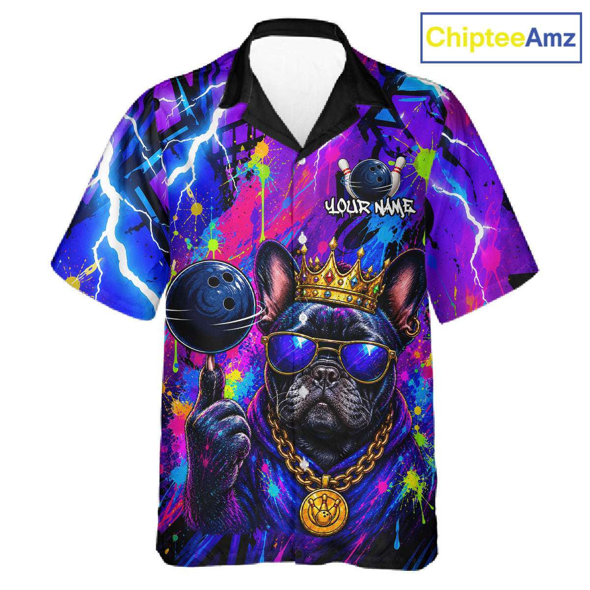 Front view personalized bowling hawaiin shirt with a crowned dog holding a bowling ball, surrounded by paint effects and bold graphic patterns.