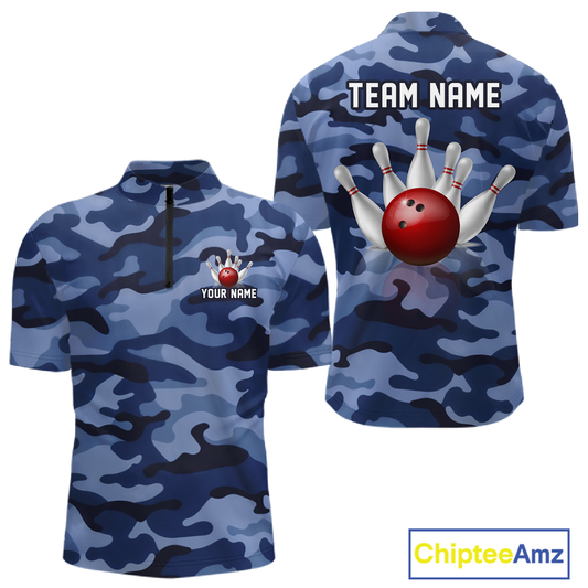 Custom Blue Camo Bowling Jersey for Men Bowling Team Shirts Bowling Uniform Polo & 1/4 Zip HNT167