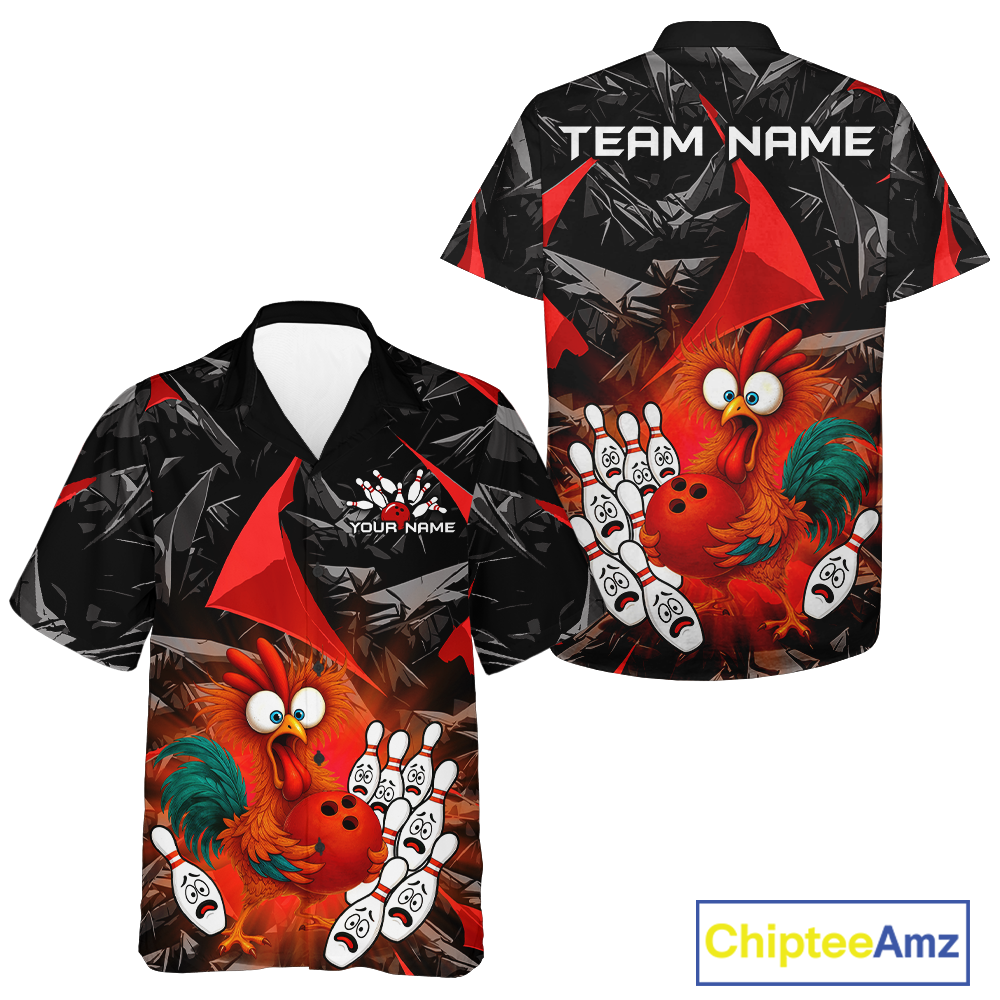Custom Red Funny Chicken Hawaiian Bowling Jersey for Men Women Bowling Team Shirts HNT138