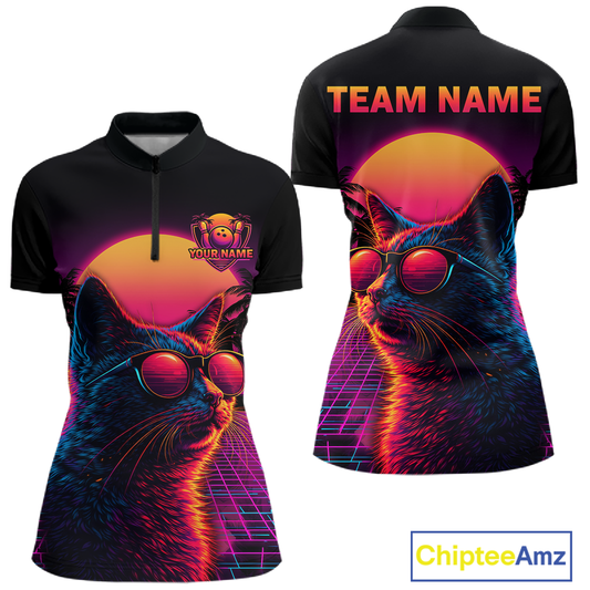 Custom Funny Cat Retro Sunset Bowling Jersey for Women Bowling Uniform Bowling Team Shirts HNT279
