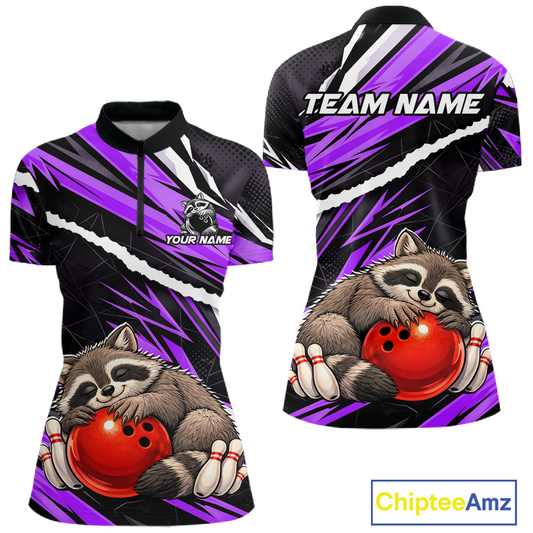 Custom Purple Raccoon Funny Bowling Jersey for Women Bowling Team Shirts Polo & 1/4 Zip HNT247