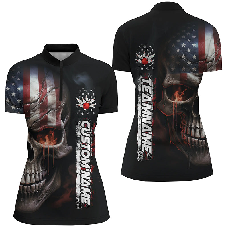 Flame Skull American Flag Custom Women's Team Bowling Shirts, Patriotic Bowling Shirt IPHW5178