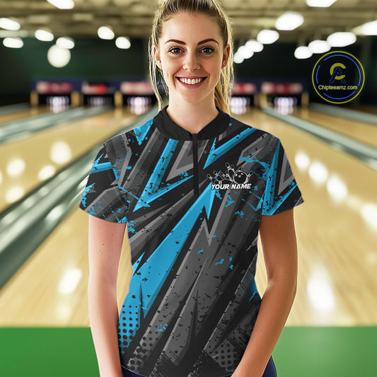Custom Grunge Black And Blue Cobra Snake Bowling Women Quarter-Zip Shirts With Team Name IPHW9029