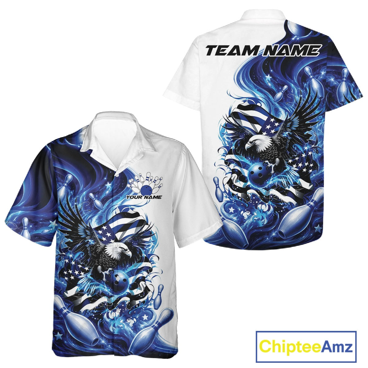 White and blue button up bowling shirt mockup shown front and back with eagle artwork, bowling elements, and flowing American flag inspired graphics.