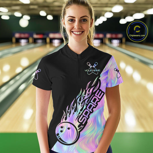 Custom Holographic Flame Spare Bowling Women Shirts, Bowling Team League Jerseys IPHW10688