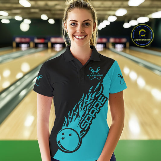 Custom Black And Blue Flame Spare Bowling Women Shirts, Bowling Team League Jerseys IPHW10689