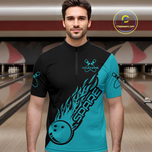 Custom Black And Blue Flame Spare Bowling Men Shirts, Bowling Team League Jerseys IPHW10689