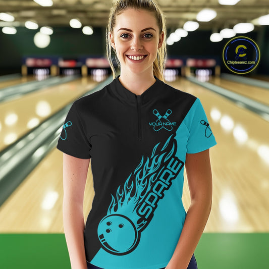Custom Black And Blue Flame Spare Bowling Women Shirts, Bowling Team League Jerseys IPHW10689