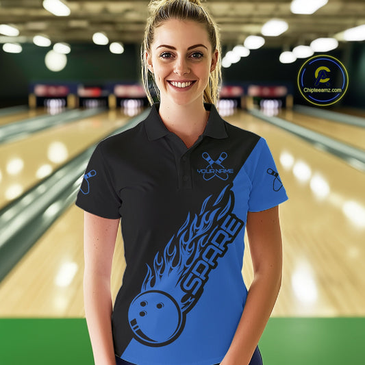Custom Black And Blue Flame Spare Bowling Women Shirts, Bowling Team League Jerseys IPHW10692