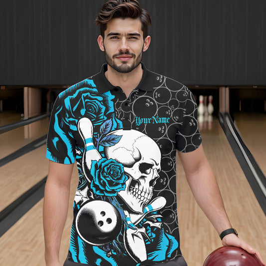 Custom Blue Roses And Skull Bowling Polo Shirts For Men, Team Bowling League Shirt IPHW8844