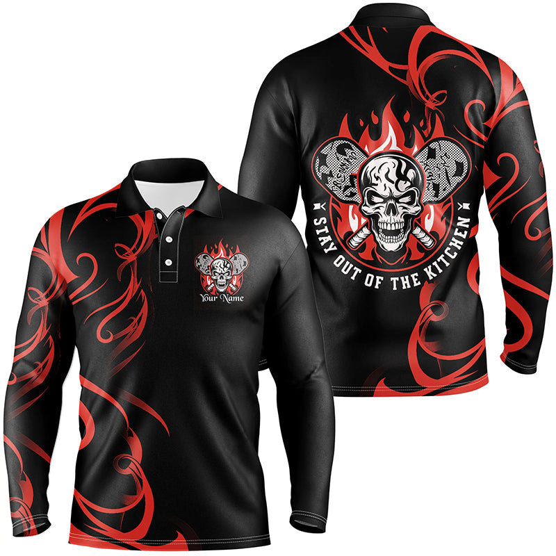 Custom Flame Skull Pickleball Polo Shirts For Men Sayings "Stay Out Of The Kitchen" | Red IPHW6909