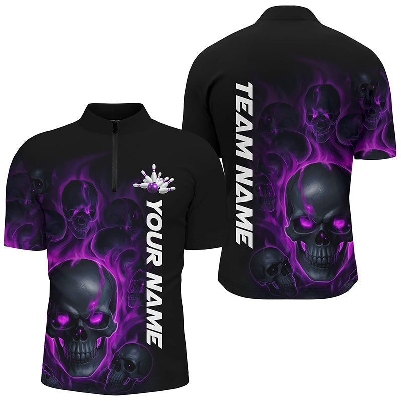 Purple Smoke Flame Custom Skull Bowling Shirts For Men, Bowling Team Uniform Halloween Outfit IPHW7391