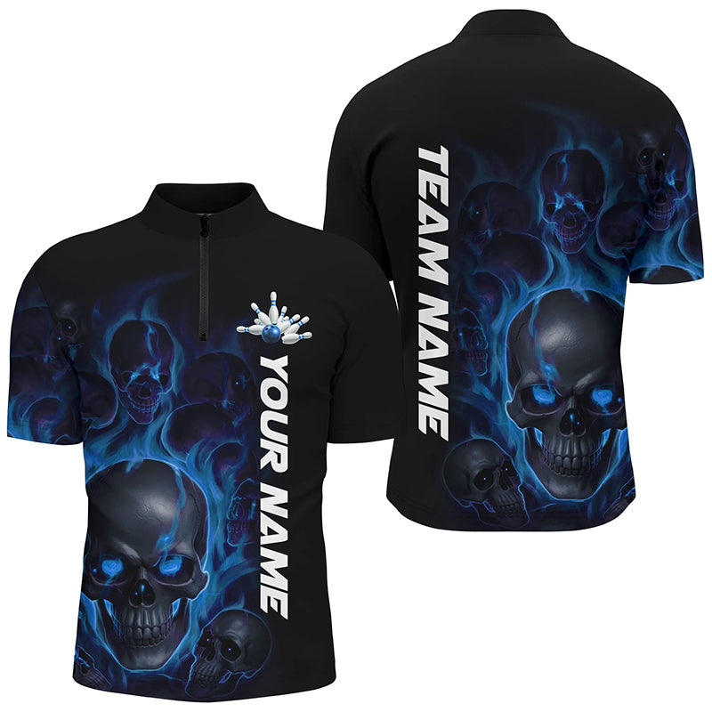 Blue Smoke Flame Custom Skull Bowling Shirts For Men, Bowling Team Uniform Halloween Outfit IPHW7392