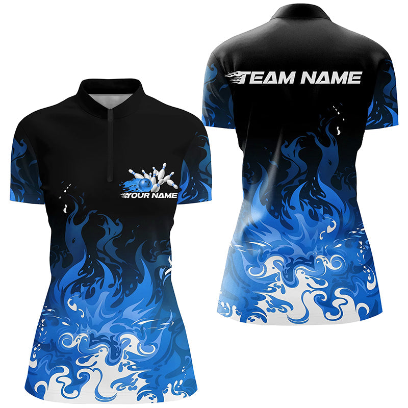 Custom Blue Flame Bowling Shirts For Women, Team Name Bowling League Shirts Bowlers Outfits IPHW7405