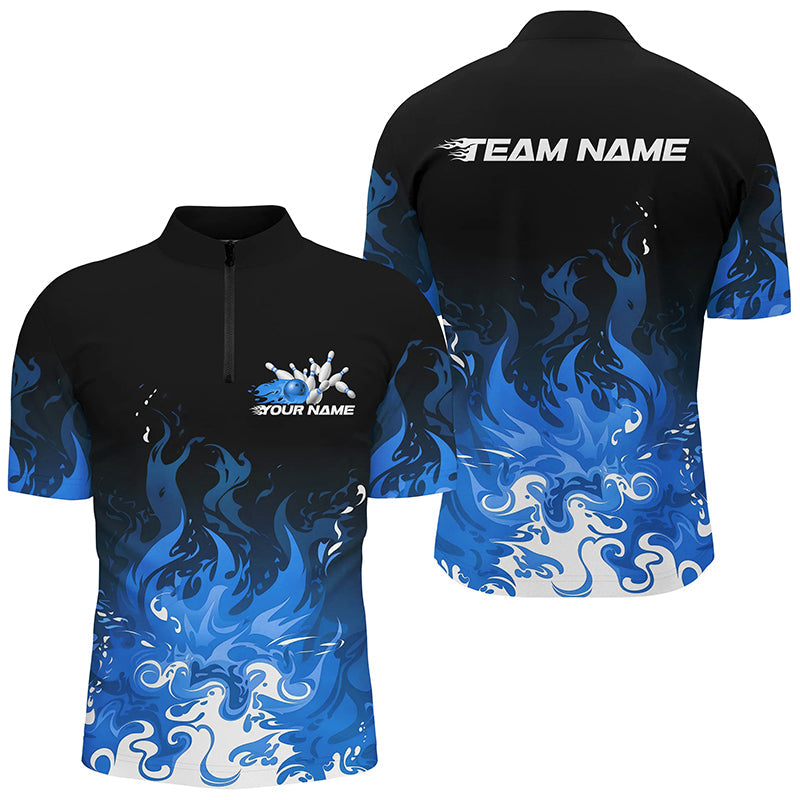 Custom Blue Flame Bowling Shirts For Men, Team Name Bowling League Shirts Bowlers Outfits IPHW7405
