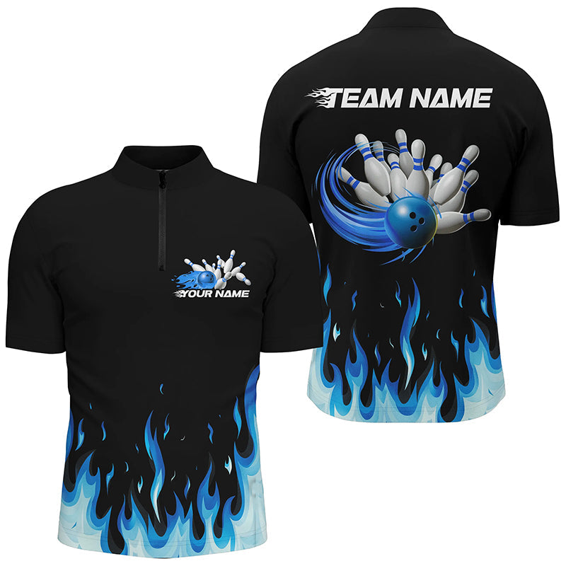 Custom Blue Flame Bowling Shirts For Men, Bowling Team Shirts With Name Bowling League Shirt IPHW7407