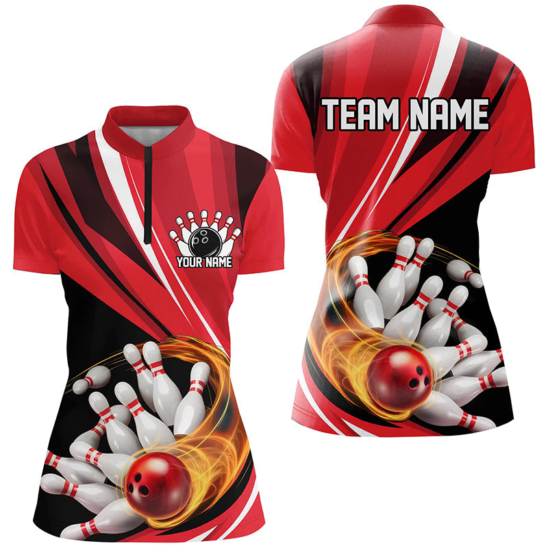Custom Red Flame Ladies Bowling Shirts, Bowling League Bowling Team Shirts Bowlers Outfit IPHW7414