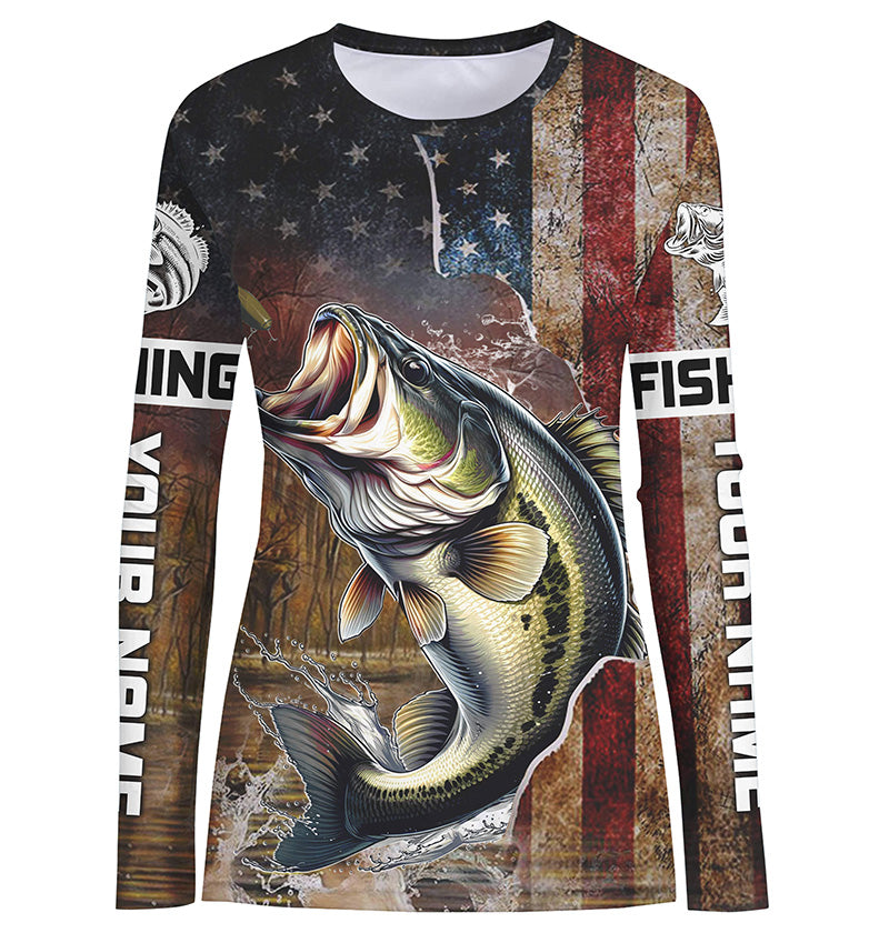 Vintage American Flag Bass Fishing Jerseys, Patriotic Bass Fishing Shirt For Women IPHW5762