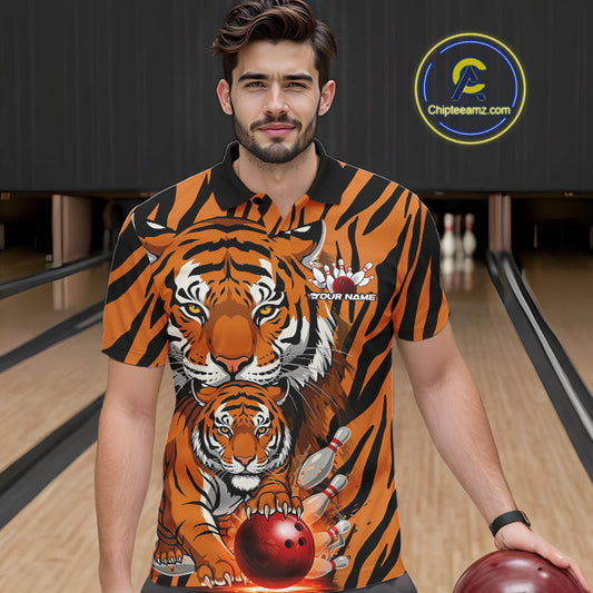Custom Tiger Print Bowling Team Shirts, Tiger Men Polo Shirts With Name IPHW9095
