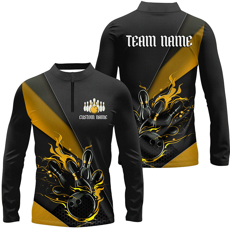 Black And Yellow Custom Flame Bowling Tournament Jerseys For Men, Bowling Team Shirts IPHW7925