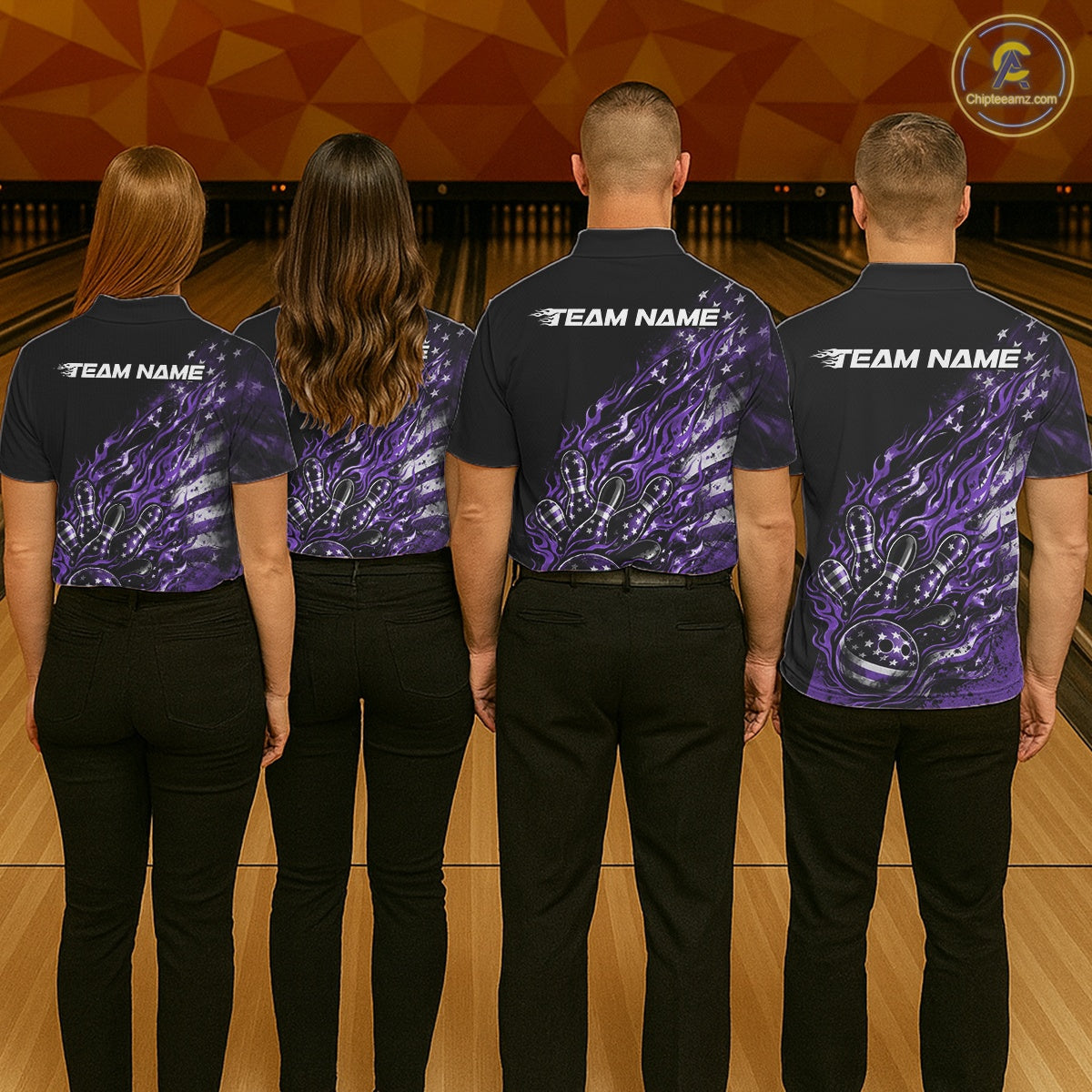 Custom Patriotic Purple Flame Bowling Shirts, US Flag Bowling Team Jerseys Freedom 4Th Of July Bowling Shirt IPHW10434